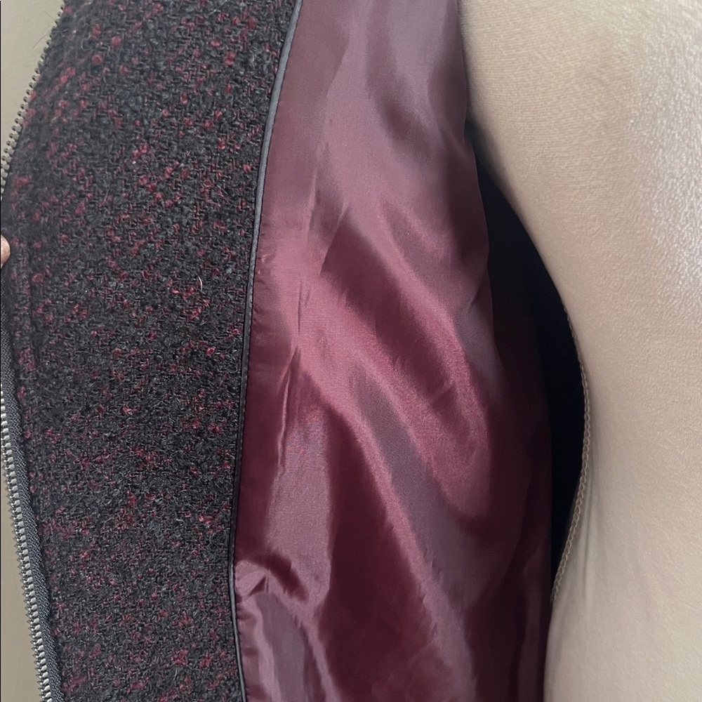 RACHEL Rachel Roy Burgundy/Black Bouclé Funnel Neck Wool Blend Zip Coat Size L - Picture 9 of 11